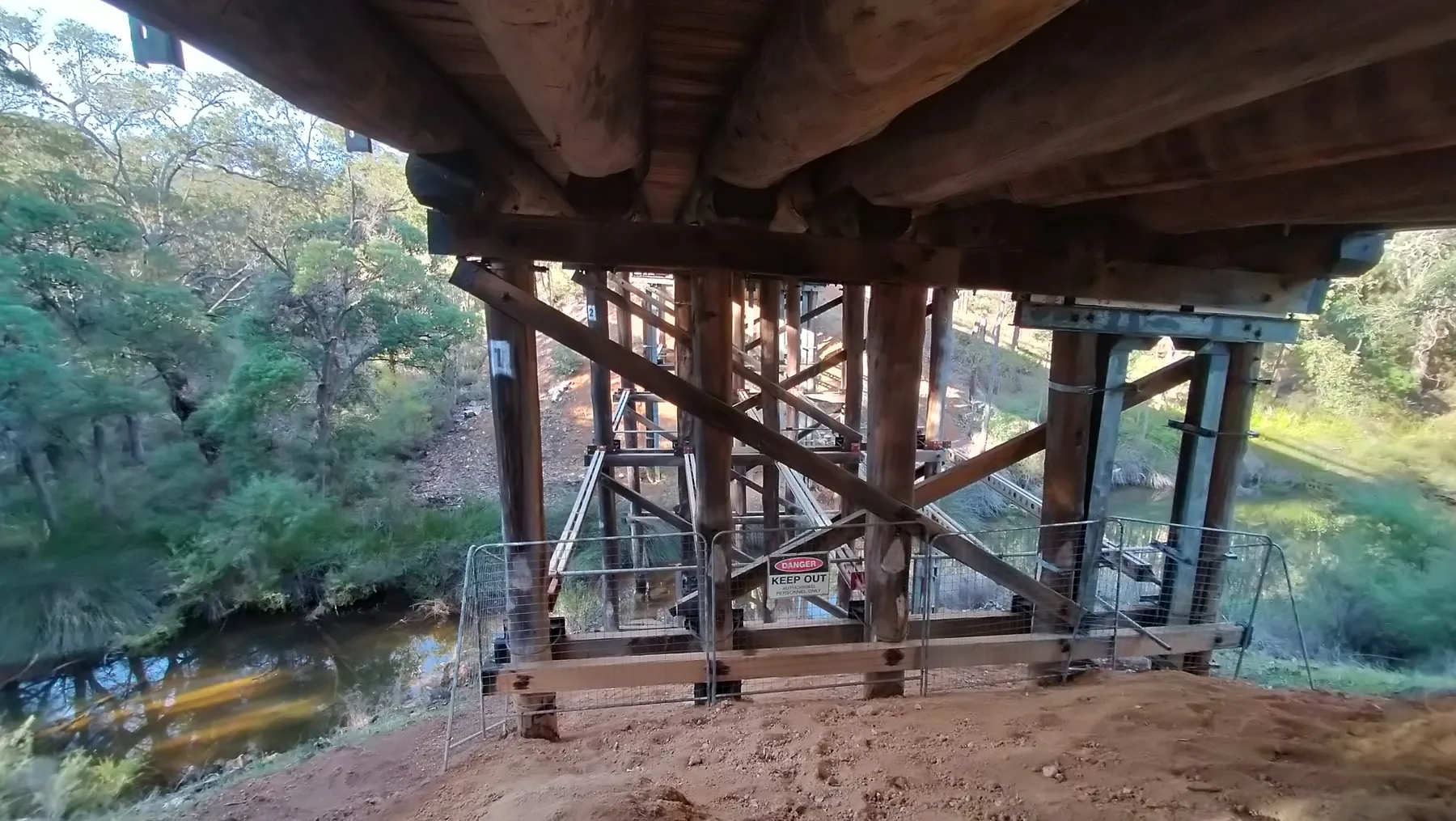 Timber trestles and bracing beneath the bridge deck, Del Park Road bridge 4501