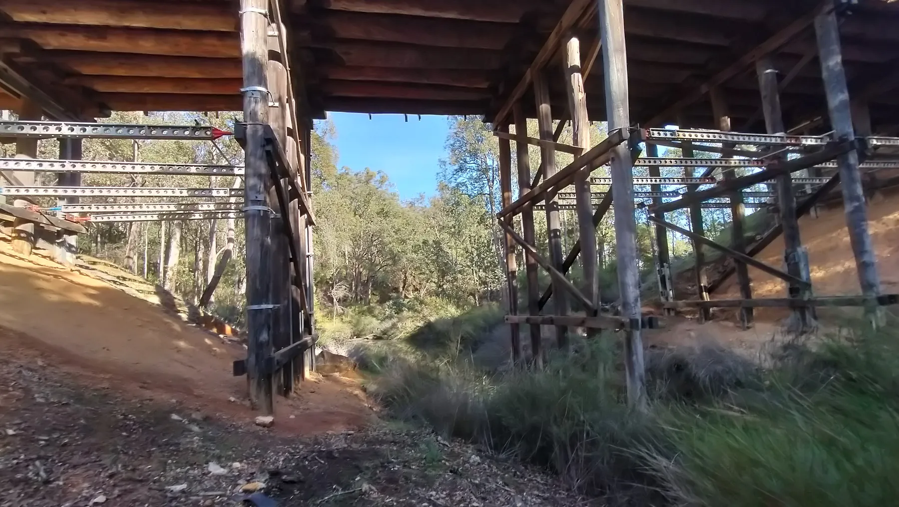 Timber substructure of the bridge over the Dandalup River, Western Australia