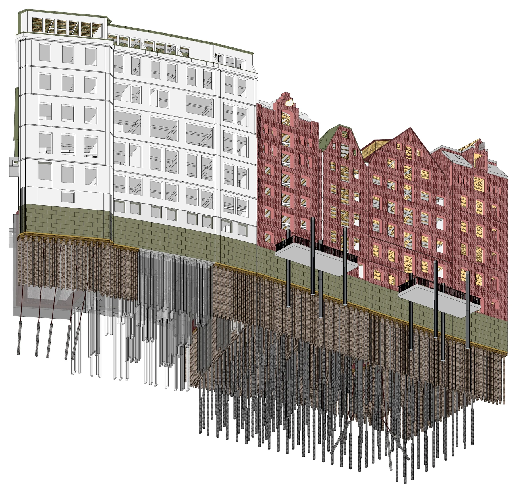 Structural model of a listed building conversion, Holzbrücke and Cremon, Hamburg