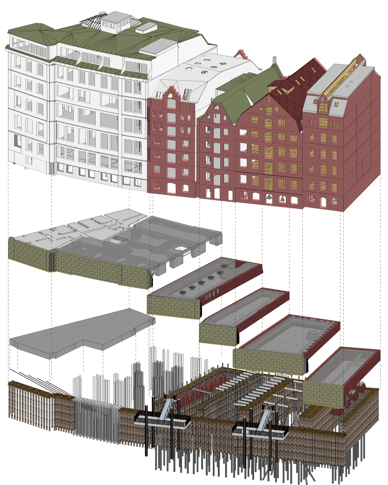 Exploded structural model showing the building volume, the floor slabs and the piled foundation, Holzbrücke and Cremon, Hamburg