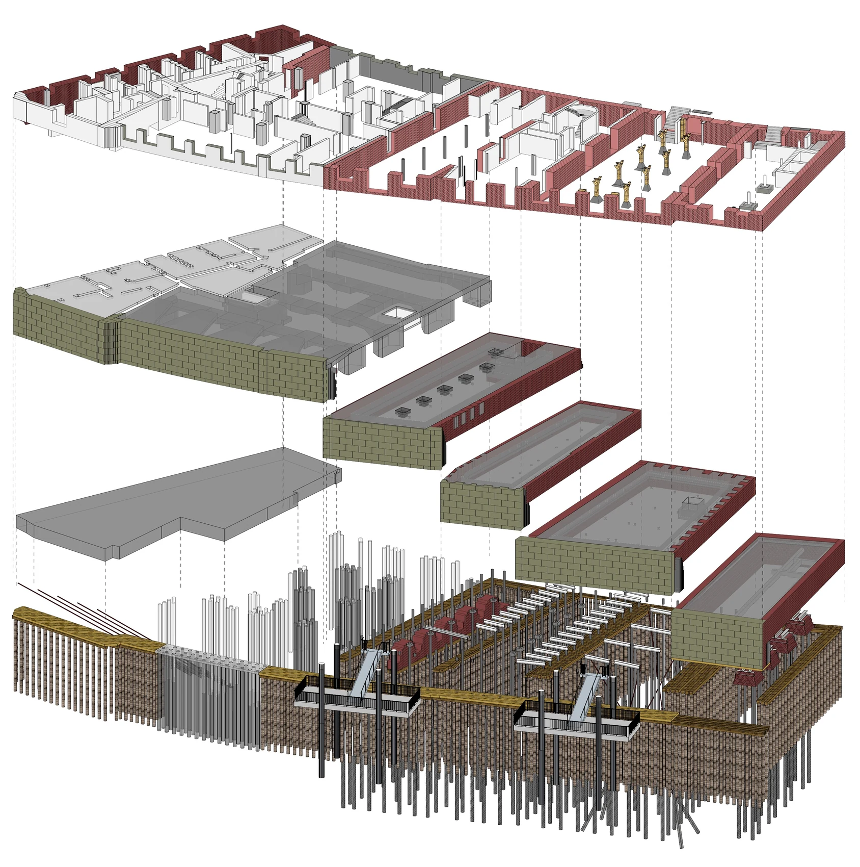 Exploded view of the basement and foundation, showing the pile field and the transfer structures beneath the lowest slabs, Holzbrücke and Cremon, Hamburg
