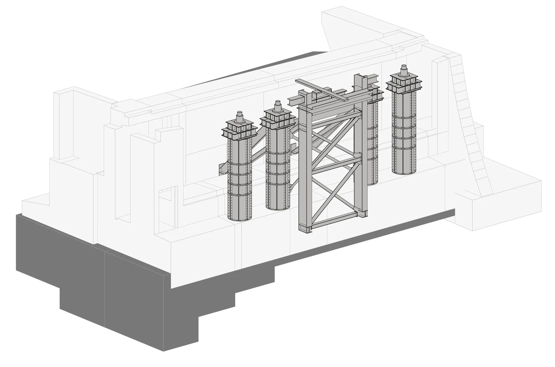Temporary supports and launching equipment modelled alongside the permanent steelwork, Talbrücke Kattenohl